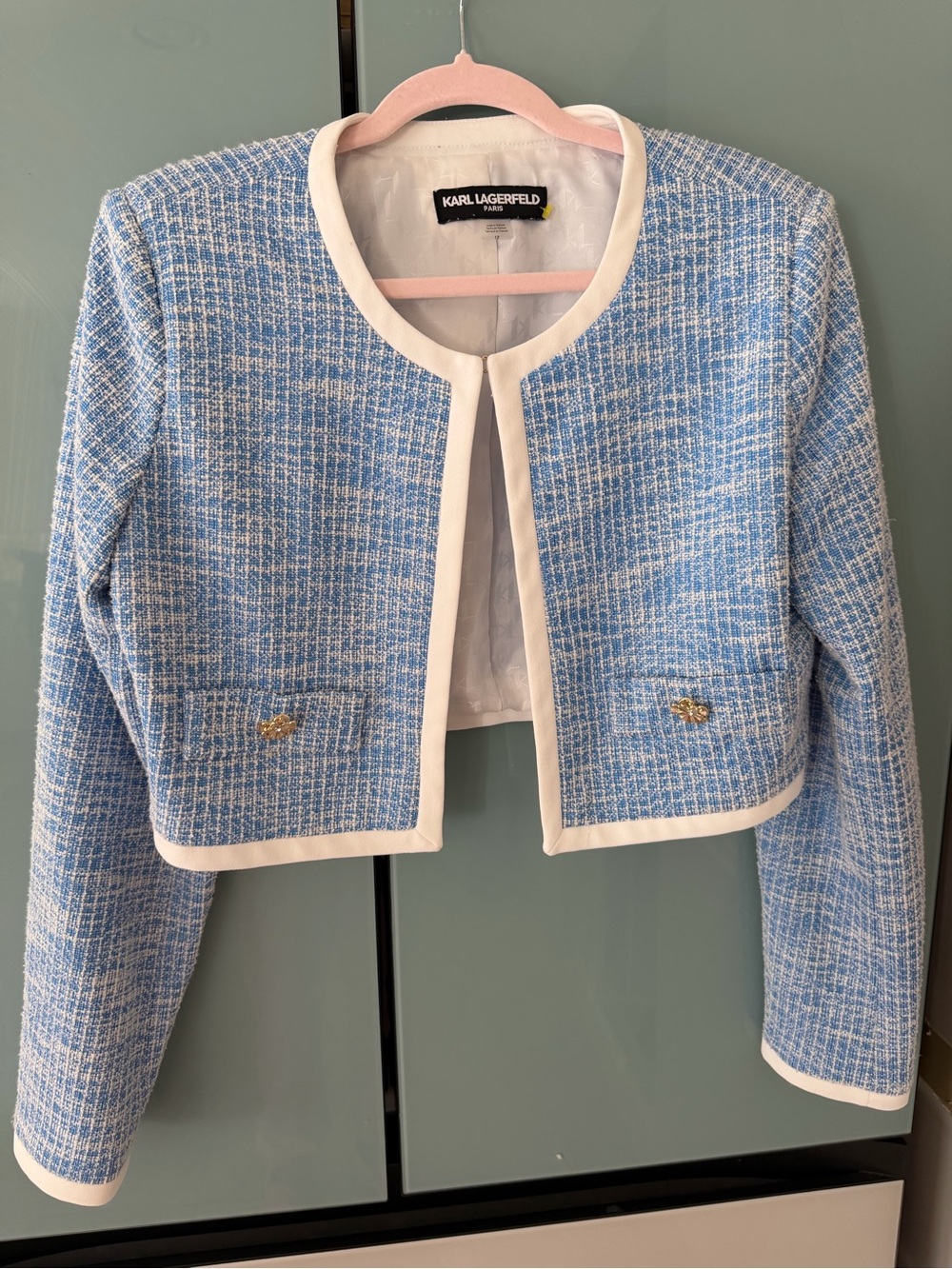 Karl Lagerfeld Blue and White Tweed Cropped Jacket